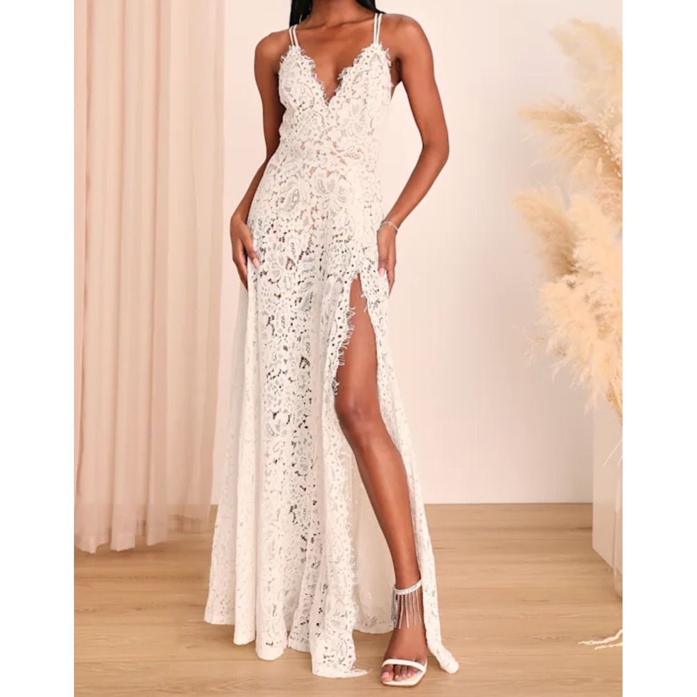 LULUS Love of Details Lace V-Neck Spaghetti Strap Maxi Dress